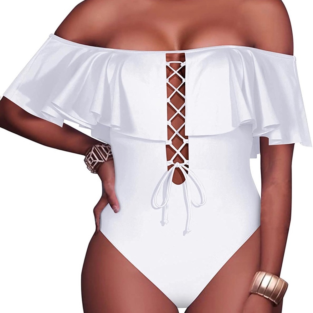 Tempt Me Lace Up Ruffled Off Shoulder One Piece Swim Suit White Size S
